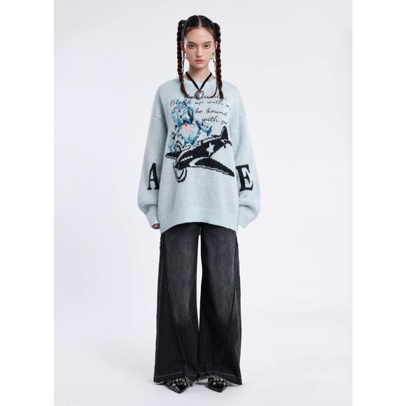 Aelfric Eden City of Love AW23 Crewneck Knit Sweater in Light Blue Size S NWT - Picture 15 of 15